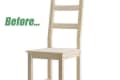 Plain wooden chair with a ladder back design, labeled "Before."