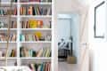 Bookshelf with colorful books, wooden ladder, and bean bag in a cozy reading nook with a view into a bedroom.