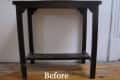 Dark wooden side table with a lower shelf on a wooden floor, labeled "Before."