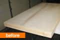 Unfinished wooden tabletop on a workbench with tools nearby, labeled "before."