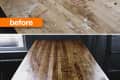 Wooden table before and after restoration, showing a transformation from stained to polished surface.