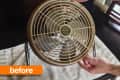 Hands holding a vintage metal fan on a table with a towel, labeled "before" in orange.