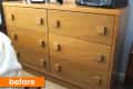 Wooden dresser with six drawers and square knobs, labeled "before" in orange.