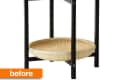 Two-tiered wicker basket stand with black frame labeled "before."