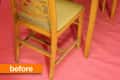 Wooden table and chairs with decorative backrests on a pink background, labeled "before."