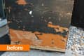 Worn black and orange wooden dresser with peeling paint, labeled "before."