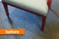 Red and white upholstered chair with button-tufted backrest on a carpeted floor, labeled "before."