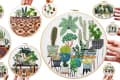 Embroidery hoops with various potted plants and cacti designs, held by hands.