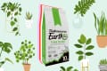 Bag of Diatomaceous Earth Food Grade surrounded by various potted plants on a light background.