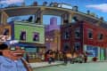 Animated city street scene with colorful buildings, people walking, and a highway overpass above.