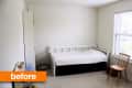 Simple bedroom with a white daybed, wooden chair, and a tall shelf, labeled "before" in orange.