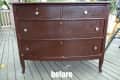 Brown wooden dresser with four drawers on a deck, labeled "before."
