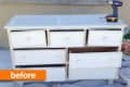 White dresser with missing drawers and a drill on top, labeled "before."