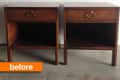 Two vintage wooden nightstands with single drawers and open shelves, labeled "before" in orange.