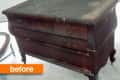 Worn wooden dresser with two drawers and visible scratches, labeled "before."