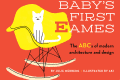 Cat sitting on a yellow Eames rocking chair with a colorful mobile above, on a red background.