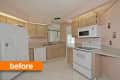 Outdated kitchen with light wood cabinets, white appliances, and beige walls.