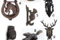 Nine vintage animal-themed door knockers, including a cat, bird, horse, monkey, bear, owl, squirrel, and deer.