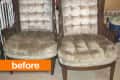 Two vintage tufted armchairs with wooden frames, labeled "before."