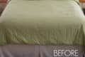 Bed with green bedding, two black lamps on wooden nightstands, beige wall, and "Before" text in the corner.