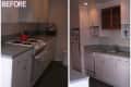 Two views of a kitchen with white cabinets, gray countertops, and a red kettle on the stove.
