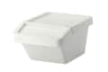 White plastic storage bin with a hinged lid, designed for organizing and storing items.