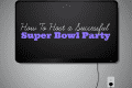 TV screen displaying "How To Host a Successful Super Bowl Party" in a room with a power outlet.
