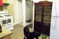 Kitchen with white stove, dark wooden cabinet, and a black dog near a refrigerator.