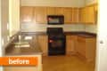 Wooden kitchen cabinets, black stove and microwave, brown countertops, labeled "before."
