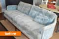 Light blue velvet sofa with wooden legs on a beige rug, labeled "before."