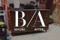 Old wooden dresser in a workshop with "Before/After" text overlay.