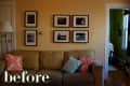 Beige sofa with colorful pillows, six framed photos on wall, and a floor lamp in a living room.