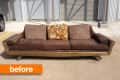 Brown vintage sofa with floral cushion on concrete, labeled "before."