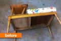 Upside-down wooden chair with floral-patterned cushion, labeled "before."