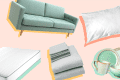 Mint green sofa, white pillow, mattress, gray sheets, and mint dinnerware set on a pastel background.