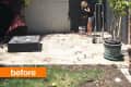 Backyard with a woman painting a wall, surrounded by plants and a small table, labeled "before."