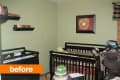 Nursery with black crib, changing table, green walls, and baseball-themed decor.