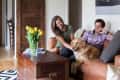 Couple sitting on a brown leather sofa with a golden retriever, next to a wooden chest and yellow tulips in a vase.