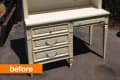 Cream-colored vintage desk with shelves, floral accents, and decorative stickers, labeled "before."