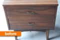 Wooden two-drawer nightstand with metal handles, labeled "before."