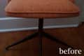 Orange mid-century modern chair with metal base on wooden floor, labeled "before."