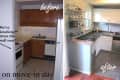 Kitchen renovation before and after; dark cabinets and wall removed, replaced with white cabinets and open shelving.