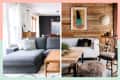 Split living room design with a gray sectional sofa on the left and a white sofa with wooden accents on the right.