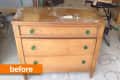 Worn wooden dresser with green knobs, labeled "before," in a workshop setting.