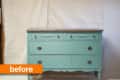 Vintage turquoise dresser with ornate drawer handles and a wooden top, labeled "before" in orange text.