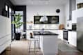 Modern kitchen with white cabinets, black countertops, stainless steel appliances, and a large potted plant by the window.