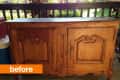 Wooden cabinet with ornate carved doors on a porch, labeled "before."