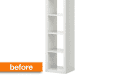 Tall white shelving unit with five open compartments, labeled "before" in orange.