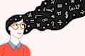 Illustration of a woman with glasses, her hair filled with mathematical symbols and equations.