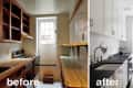 Before and after kitchen renovation with dark wood to white cabinets, new countertops, and updated fixtures.